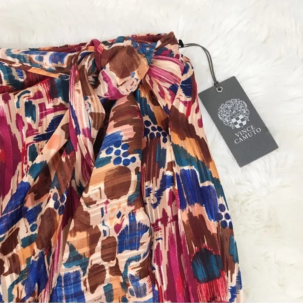 VINCE CAMUTO Tie Waist Midi Skirt Ikat Print Burgundy Orange Plus Size 1X 3X New